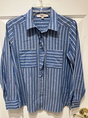EUC LOFT Blue and White Vertical Stripe Ruffled Button-Front Shirt